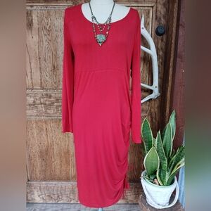 Isabel Maternity Ruby Red Long Sleeve Dress Ruched Midi Bodycon Stretch Jersey